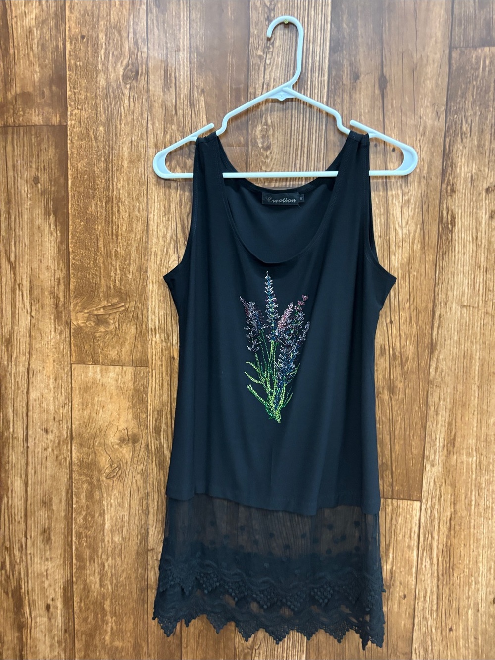 Creation Embellished Black Floral Tank with Lace Hem